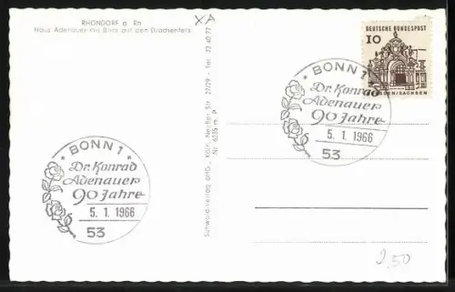 AK Röhndorf, Haus Adenauer mit Blick auf den Drachenfels, Portrait von Adenauer