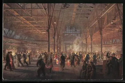 Künstler-AK Essen, Gussstahlfabrik, Tiegelguss im Schmelzbau, Fabrikarbeiter