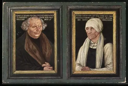 AK Wartburg, Luther-Stube, gerahmte Portraits von Luthers Eltern