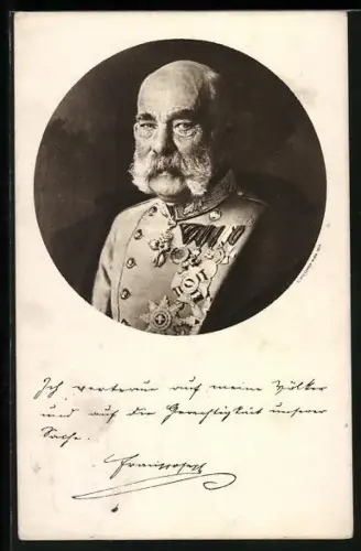 AK Kaiser Franz Josef I. von Österreich präsentiert seine Orden, Spruch