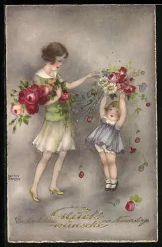 Künstler-AK Hannes Petersen: Geburtstagsgruss, Mädchen mit Blumensträussen
