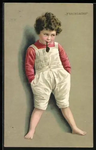 Künstler-AK Frechdachs, Kleiner Junge raucht Pfeife