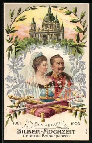 Lithographie Zur Erinnernung an Silberhochzeit von Kaiserin Auguste Victoria Königin von Preussen, Wilhelm II. 1906
