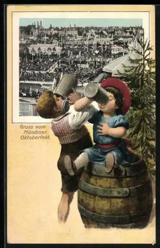 AK München, Knaben trinken aus Bierkrügen, Festgelände