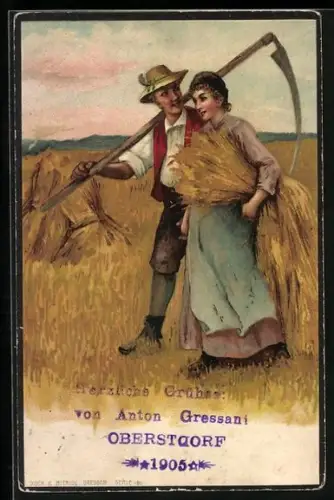 Künstler-AK Bauernpaar mit Weizen und Sichel