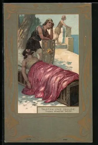 AK Komponist Richard Wagner, Szene aus Tristan und Isolde, Kranker Mann am Meeresufer, Jugendstil