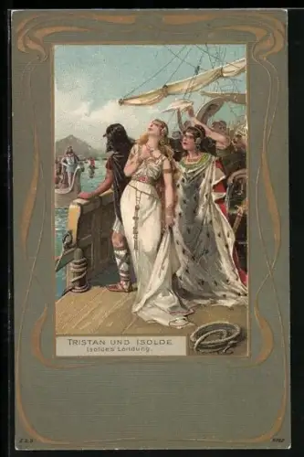 AK Komponist Richard Wagner, Szene aus Tristan und Isolde, Isolde erreicht das Land, Jugendstil