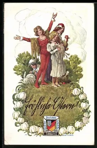 Künstler-AK Ernst Kutzer: Vier Kinder mit Osterlamm, Osterhase und Hühnern im Gras, Fröhliche Ostern