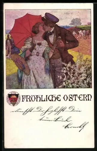 Künstler-AK Karl Friedrich Gsur: Deutscher Schulverein NR: 20, Mann küsst seine Frau, studentische Szene
