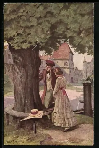 Künstler-AK Student mit Freundin ritzt ein Herz in den Baum