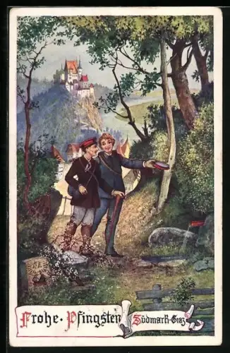 AK Frohe Pfingsten, Südmark-Graz, Burschen auf Wanderschaft