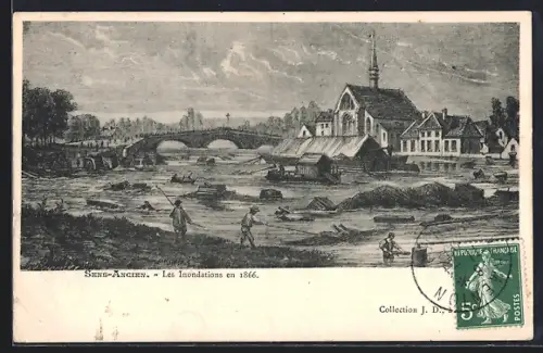 Künstler-AK Sens-Ancien, Les Inondations en 1866