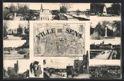 AK Sens, Collage de vues et carte de la ville