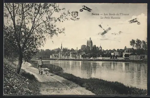 AK Sens, Les Bords de l`Yonne, Le Petit Hameau avec avions en vol