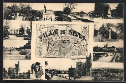 AK Sens, Carte de la ville avec vues des monuments et paysages environnants