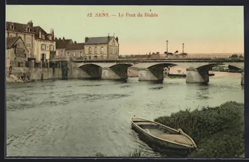AK Sens, Le Pont du Diable et la rivière avec une barque au premier plan