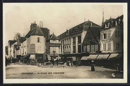 AK Auxerre, La Place des Fontaines avec boutiques et passants