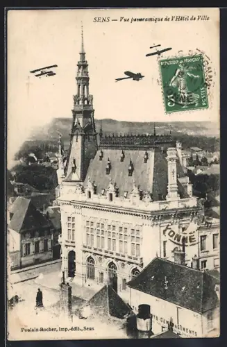 AK Sens, Vue panoramique de l`Hôtel de Ville avec avions en vol