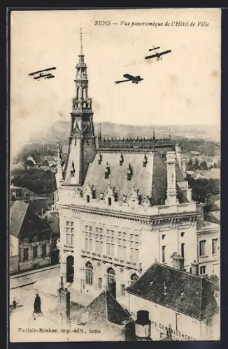 AK Sens, Vue panoramique de l`Hôtel de Ville avec avions en survol