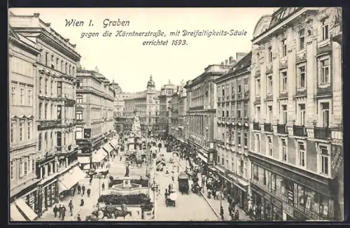 AK Wien, Graben gegen die Kärntnerstrasse mit Geschäften und Dreifaltigkeitssäule