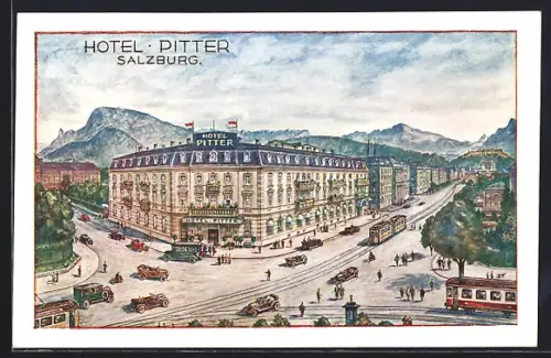 Künstler-AK Salzburg, Kreuzung am Hotel Pitter, mit Strassenbahnen