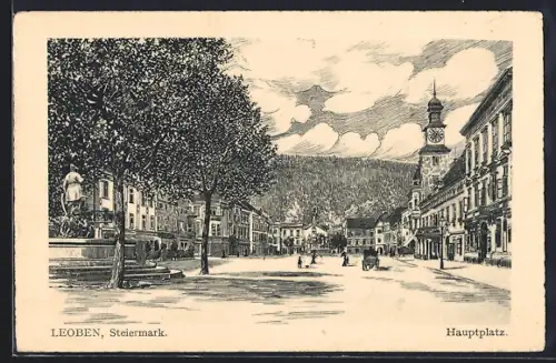 Künstler-AK Leoben /Steiermark, Hauptplatz mit Brunnen