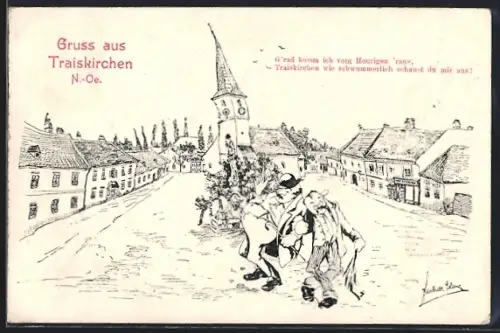 Künstler-AK Traiskirchen /N.-Oe., Strassenpartie mit Kirche aus der Sicht eines Betrunkenen