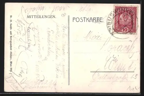 Künstler-AK Traiskirchen /N.-Oe., Strassenpartie mit Kirche aus der Sicht eines Betrunkenen