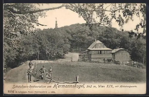 AK Wien-Hermannskogel, Schutzhaus-Restauration mit Blick auf die Habsburgwarte