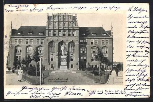 AK Essen /Ruhr, Bismarck-Denkmal und Kgl. Eisenbahn-Direktion