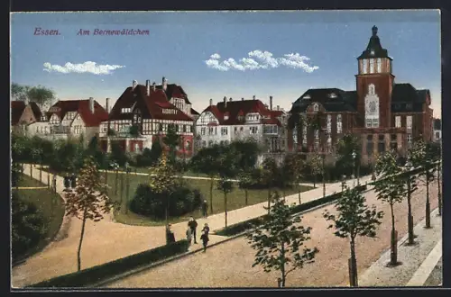 AK Essen, Am Bernewäldchen, Wohnhäuser und Parkanlage