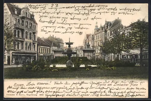 AK Essen, Brunnen und Häuser am Limbecker Platz