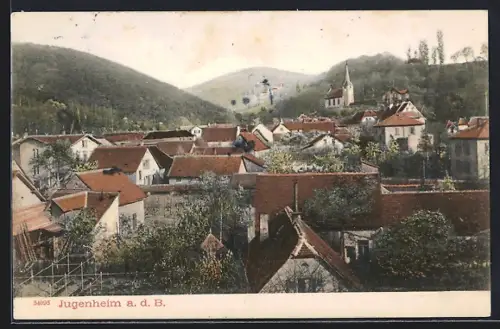 AK Jugenheim a. d. B., Ortsansicht mit Kirche und umliegenden Bergen