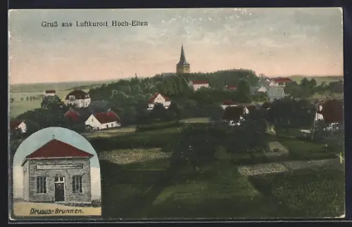 AK Hoch-Elten, Luftkurort, Drusus-Brunnen, Ortsansicht mit Kirche