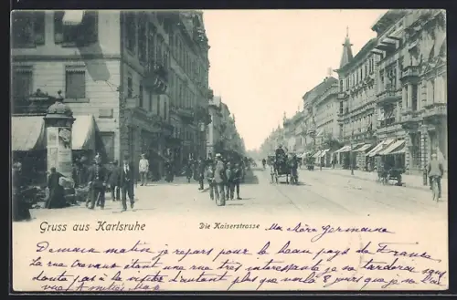 AK Karlsruhe, Kaiserstrasse, Strassenszene mit Passanten und Pferdekutschen