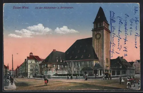 AK Essen-West, Mülheimer Strasse, Berliner Strasse, Uhrenturm