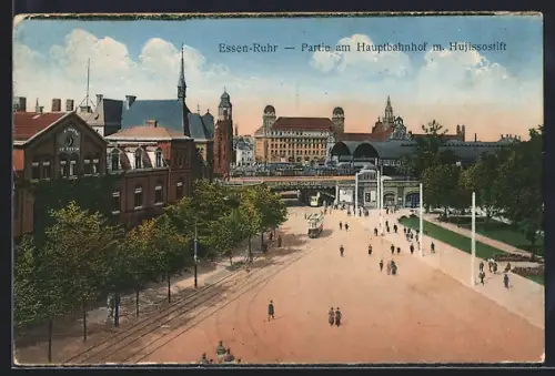 AK Essen-Ruhr, Hauptbahnhof, Hujissostift, Strassenbahnen