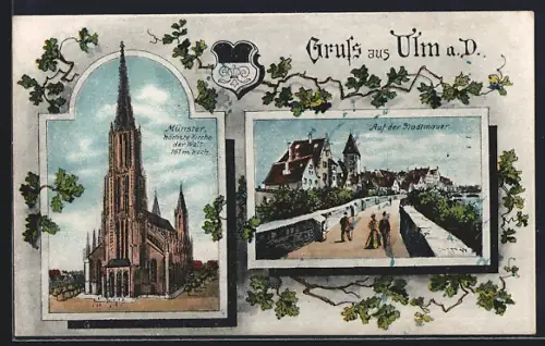 Lithographie Ulm a. D., Münster, Stadtmauer