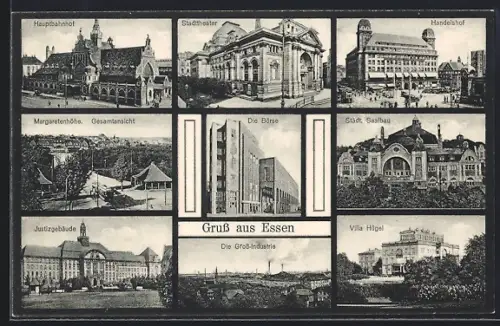 AK Essen, Hauptbahnhof, Stadttheater, Handelshof, Börse, Städt. Saalbau, Villa Hügel