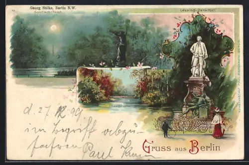 Lithographie Berlin-Tiergarten, Goldfisch-Teich, Lessing-Denkmal
