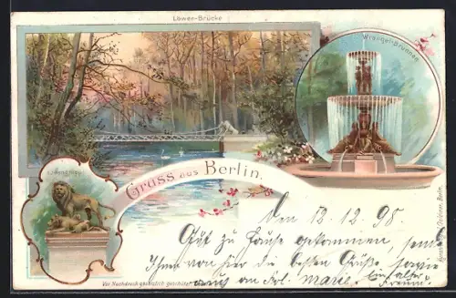 Lithographie Berlin-Tiergarten, Löwen-Brücke, Wrangel-Brunnen, Löwenfigur