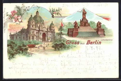 Lithographie Berlin, Neuer Dom, Lutherdenkmal