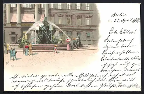 Lithographie Berlin, Schlossbrunnen mit Passanten