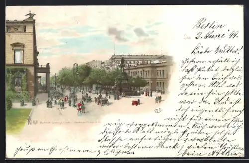 Lithographie Berlin, Unter den Linden, Denkmal Friedrich d. Gr.