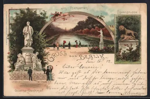 Lithographie Berlin, Goethe-Denkmal, Löwengruppe, Im Tiergarten