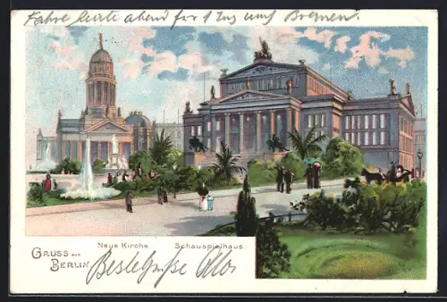 Lithographie Berlin, Neue Kirche, Schauspielhaus, Gendarmenmarkt