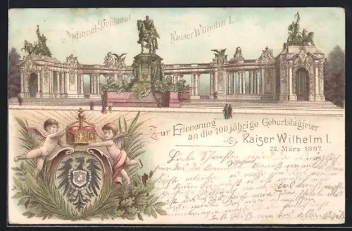 Lithographie Berlin, National-Denkmal Kaiser Wilhelm I., 100. Geburtstagsfeier 1897