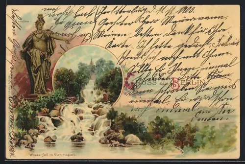 Lithographie Berlin-Kreuzberg, Wasserfall im Viktoriapark, Statue