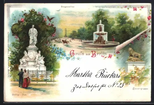 Lithographie Berlin-Tiergarten, Siegesallee, Wrangelbrunnen, Goethe-Denkmal, Löwengruppe