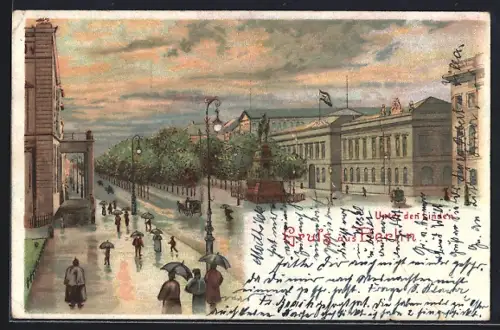 Lithographie Berlin, Unter den Linden, Reiterstandbild Friedrichs des Grossen, Strassenansicht